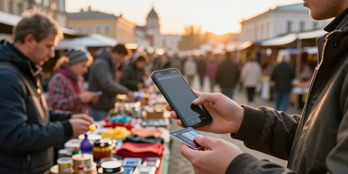 Betaal met https://payinrussia.com/ in een lokale Russische markt, met een smartphone en virtuele kaart