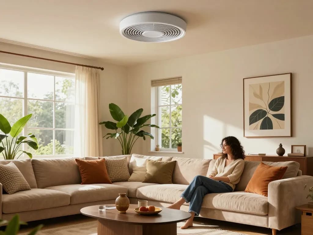 Stijlvolle plafondventilator in een moderne woonkamer, die comfort en decor verbetert.