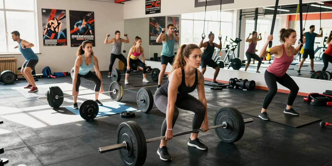 Activiteiten in de Unique Pharma Shop met sportieve mensen die trainen en aan fitness doen in een moderne sportschool.