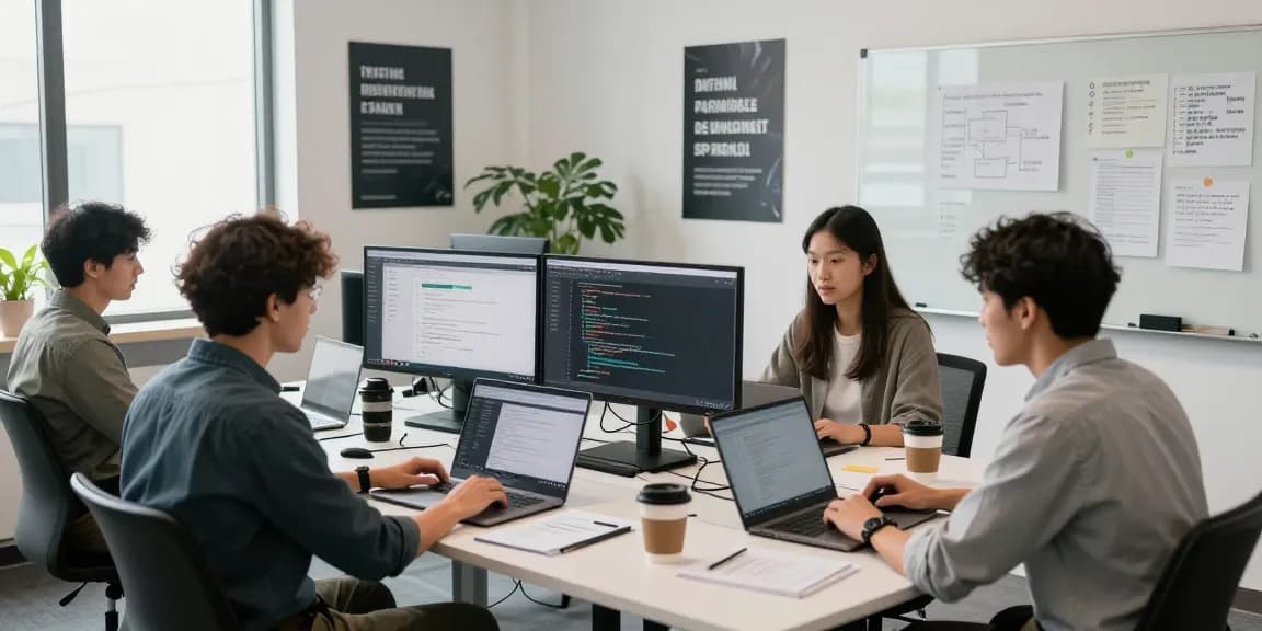 Team collaborating to build internal tools with AI in a modern office environment, showcasing dynamic software development.