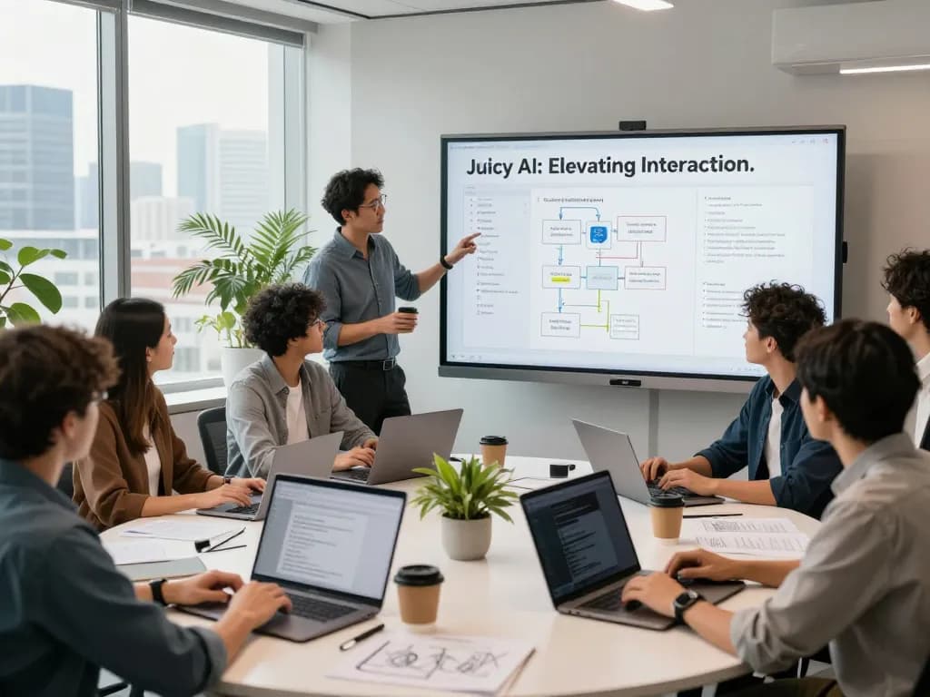 Juicy AI development team collaborating on innovative coding solutions in a modern office.