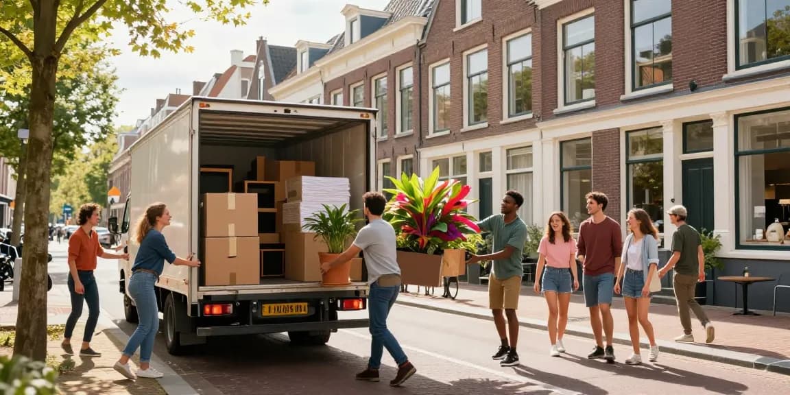 Efficient verhuisbedrijf den haag team helping a family move, showcasing vibrant urban setting.