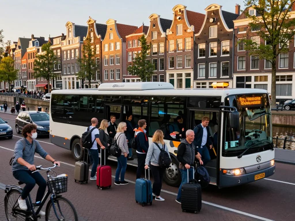 Taxi bus Amsterdam vervoert groepen veilig in een levendige stedelijke omgeving.