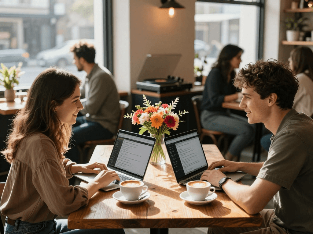 Young couple enjoying a conversation about F168 in a vibrant coffee shop.