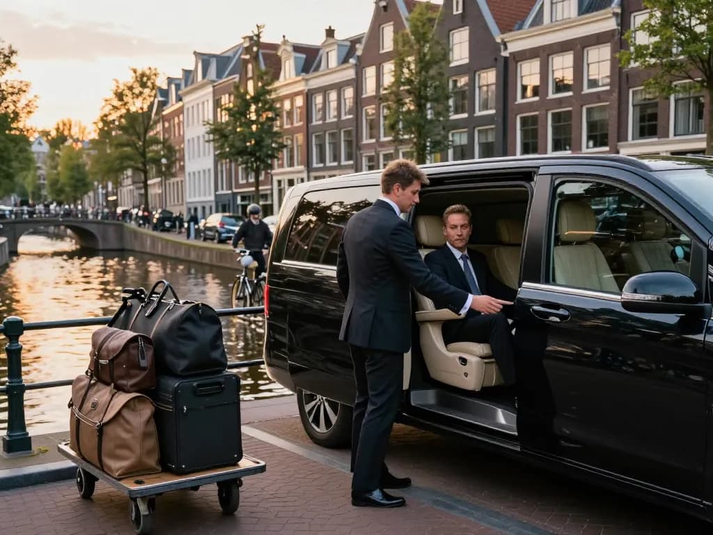 Ervaar de premium Taxi Amsterdam service met een professionele chauffeur in een luxueuze Mercedes in de levendige stad.