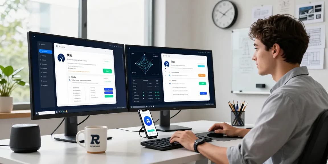 快连 application interface on multiple screens in a modern workspace, highlighting user experience design and networking performance.