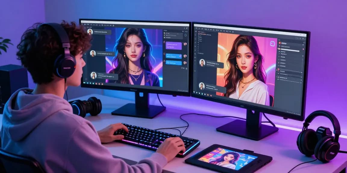 Engaging scene showcasing user interacting with nsfw ai character at modern workspace with vibrant visuals.