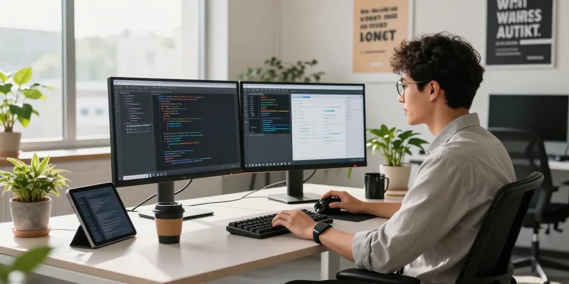 Explore https://sc88.chat/ in a modern software development workspace with dual monitors and a motivated programmer.