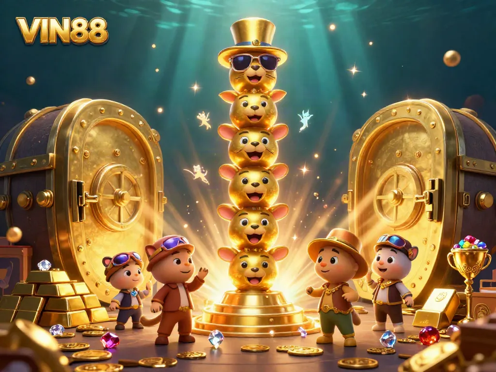 Win big with VIN88 in a vibrant casino adventure featuring golden treasures and exciting game elements.