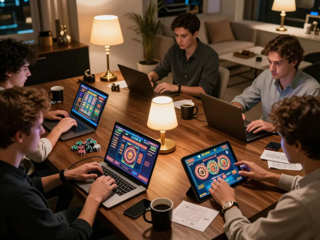 Players enjoying cm88 online casino games in a cozy home setup, showcasing engagement and strategy.