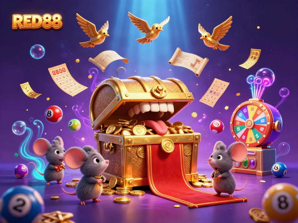 Experience dynamic gambling action with RED88's lottery and casino games in this vibrant illustration.