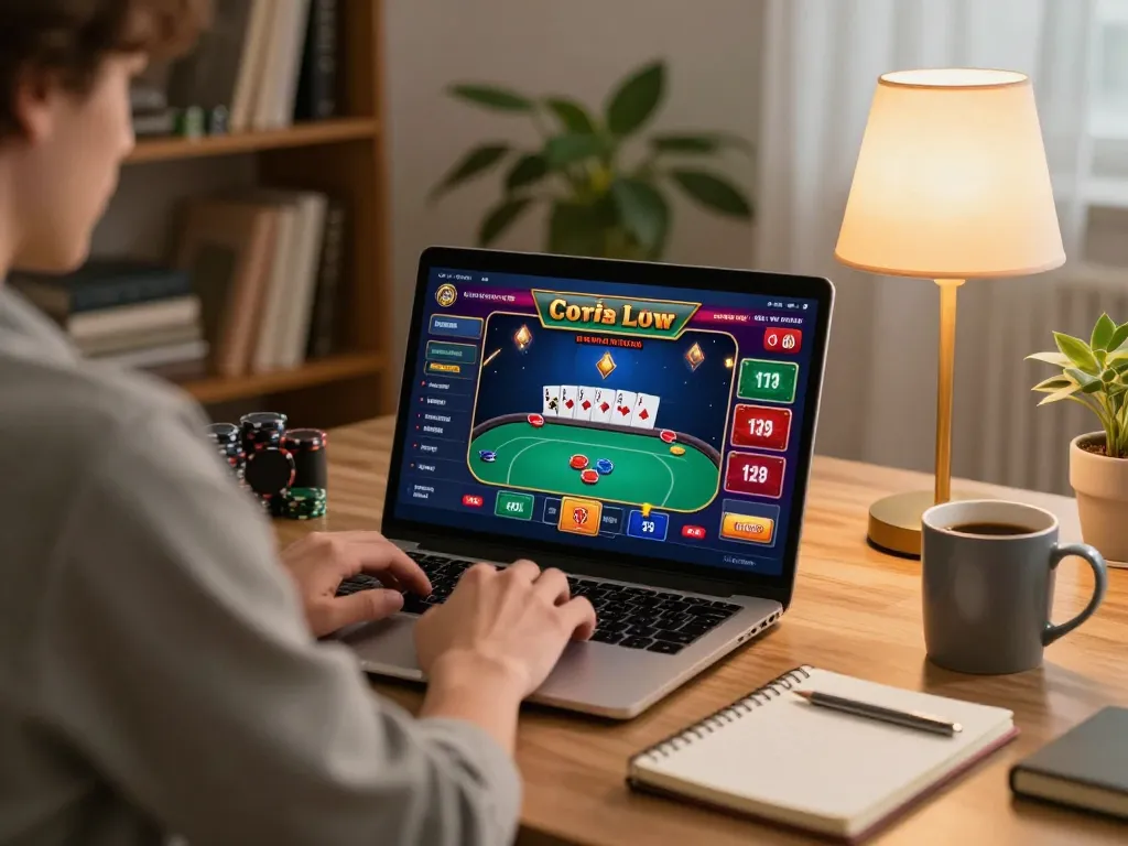 Lu88 online gaming session with a player focused on poker strategy and warm home ambiance.