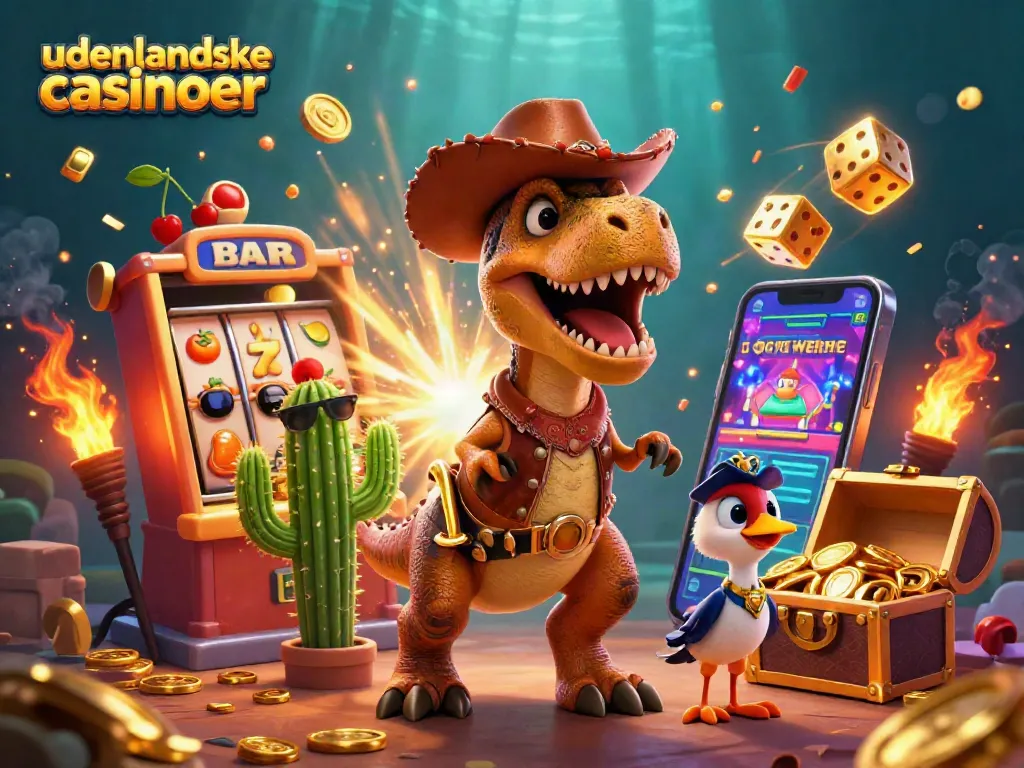 Play with udenlandske casinoer in this vibrant 3D scene filled with winning slot elements.