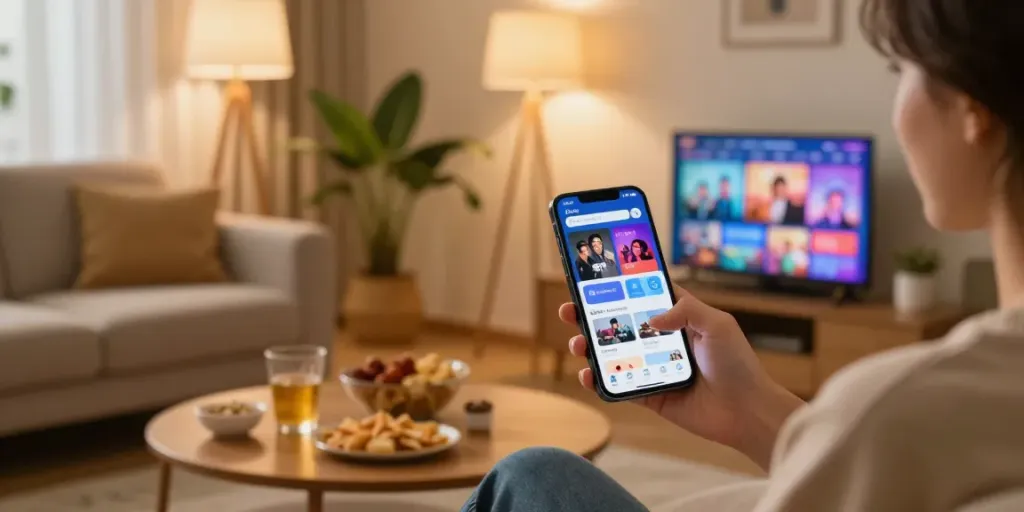 Pikashow Pro app displayed on a mobile device in a cozy living room with snacks.