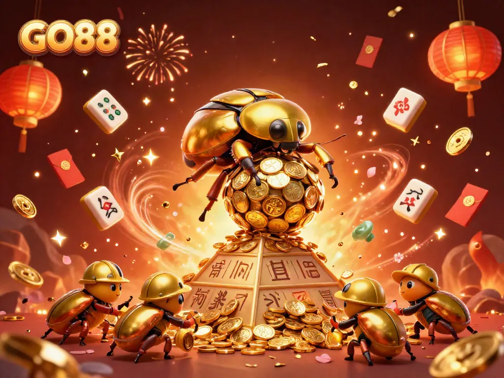 Join GO88's thrilling adventure with golden beetles amidst casino treasures and vibrant festivities.
