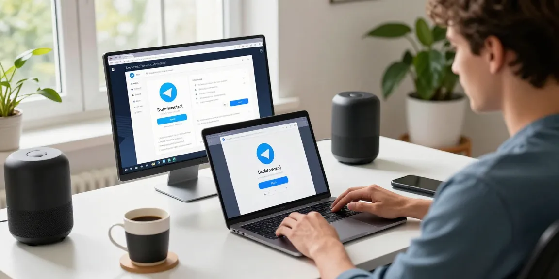 Download Telegram app on a sleek laptop in a tech workspace.
