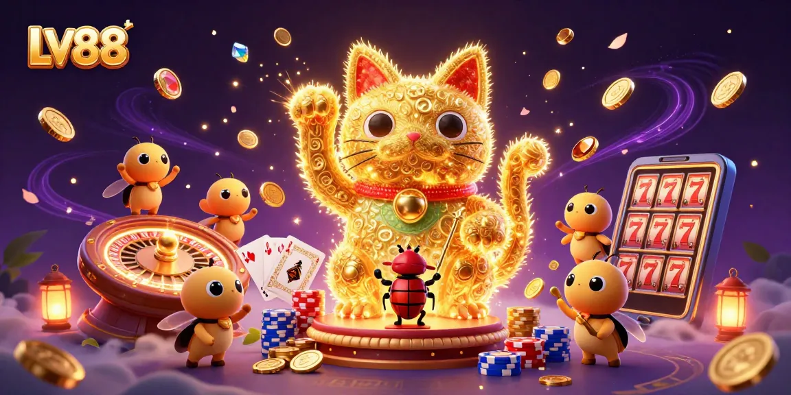 Experience LV88's vibrant casino action with golden fireflies and a lucky cat illustration.