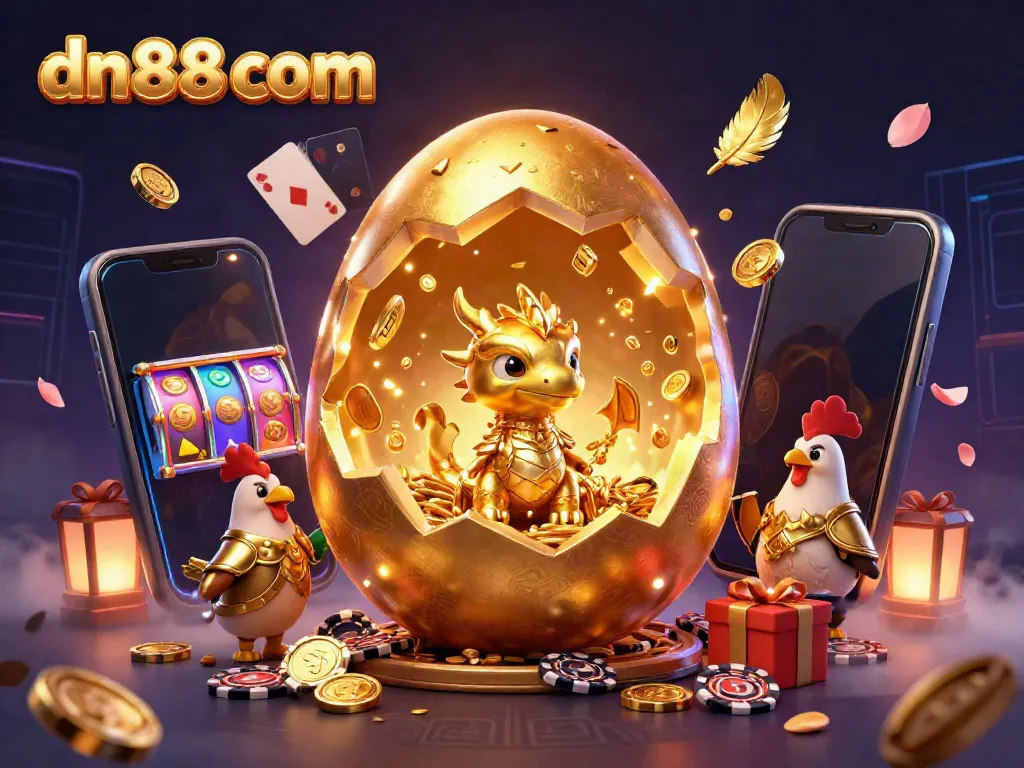 Win big with dn88 com featuring a golden baby dragon and vibrant casino elements in a rich 3D illustration.