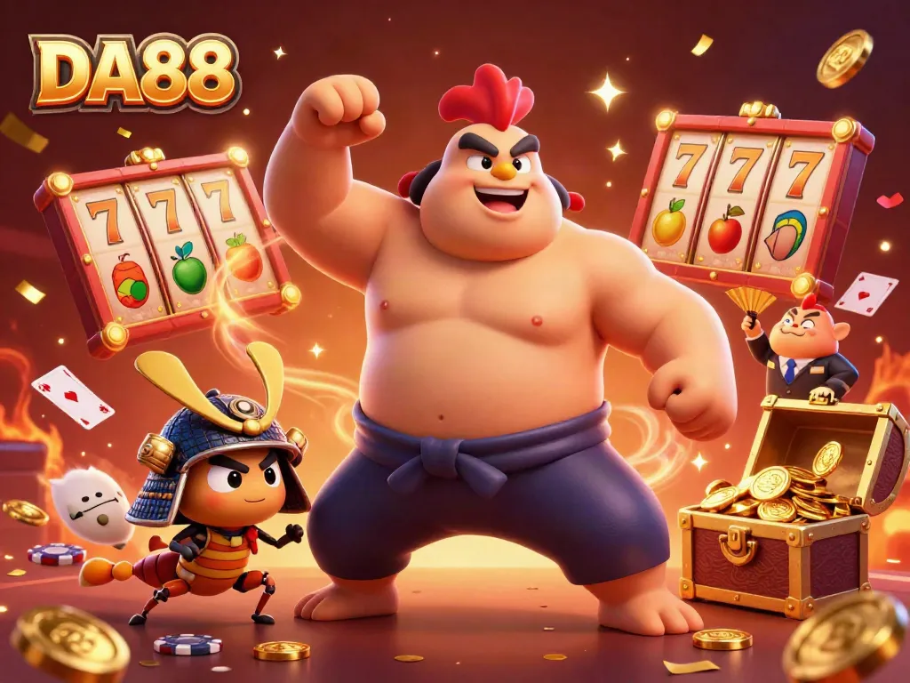 Join the action at DA88 with a vibrant display of gaming elements, featuring a sumo wrestler rooster and more.