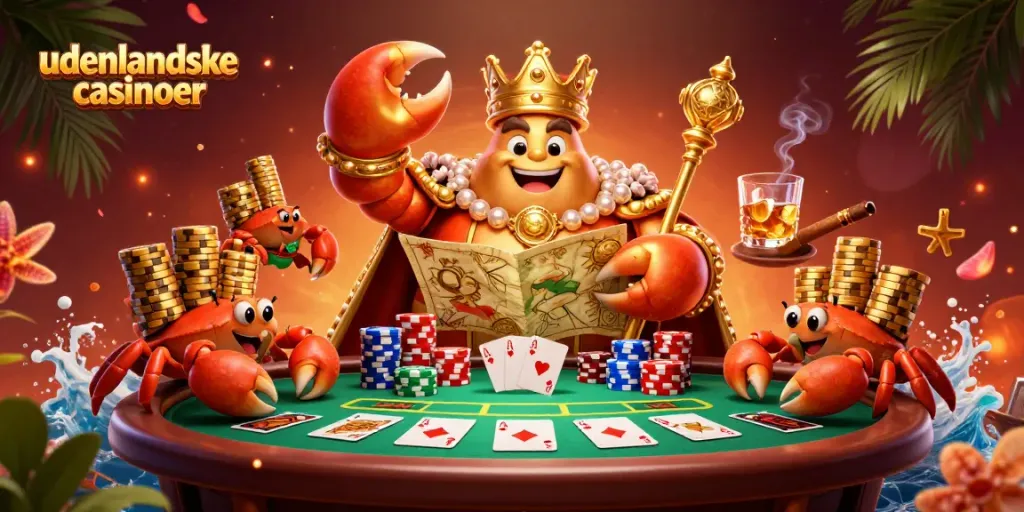 Experience the excitement of udenlandske casinoer with a majestic golden crab at a thrilling poker table.