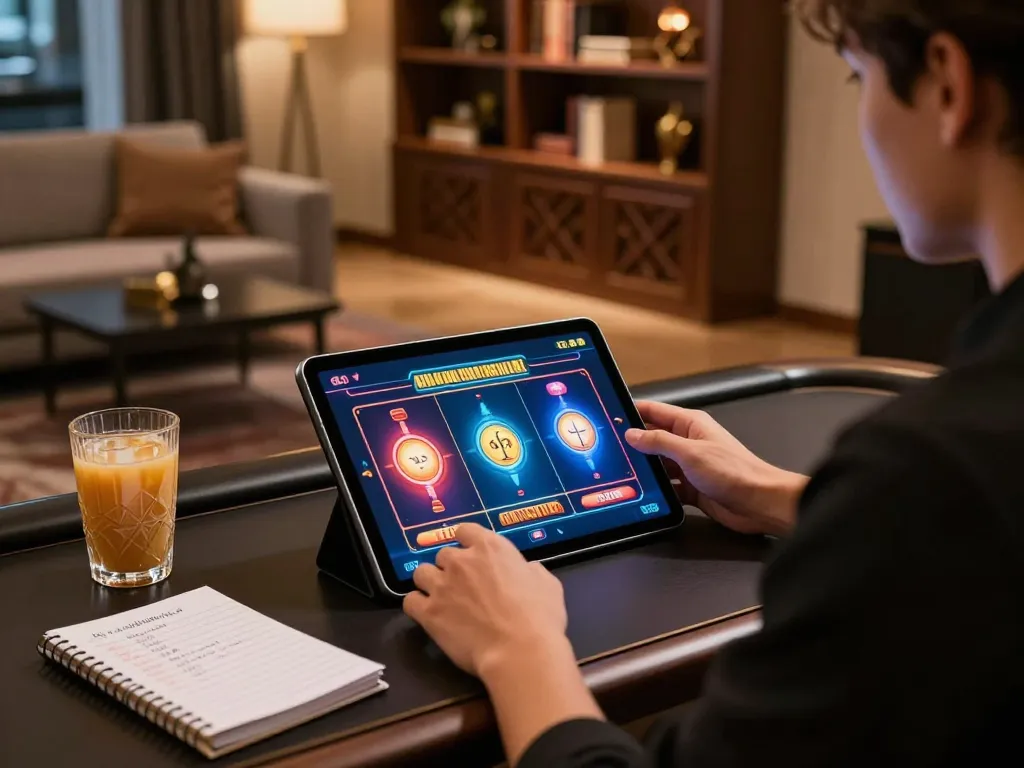 Online gaming experience on vin88sa with tablet displaying vibrant slot games and gaming notes.