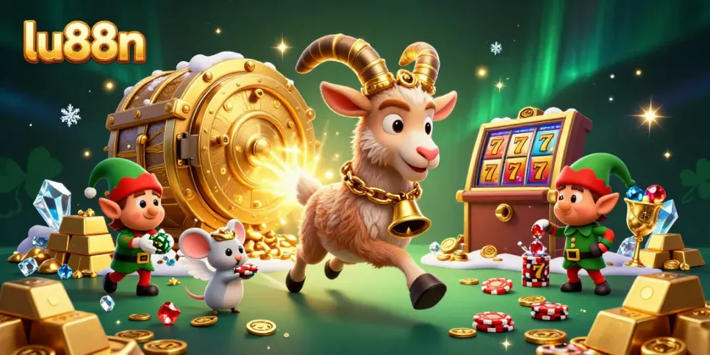 Experience thrilling excitement at lu88n with a festive Krampus goat navigating a lively slots casino.