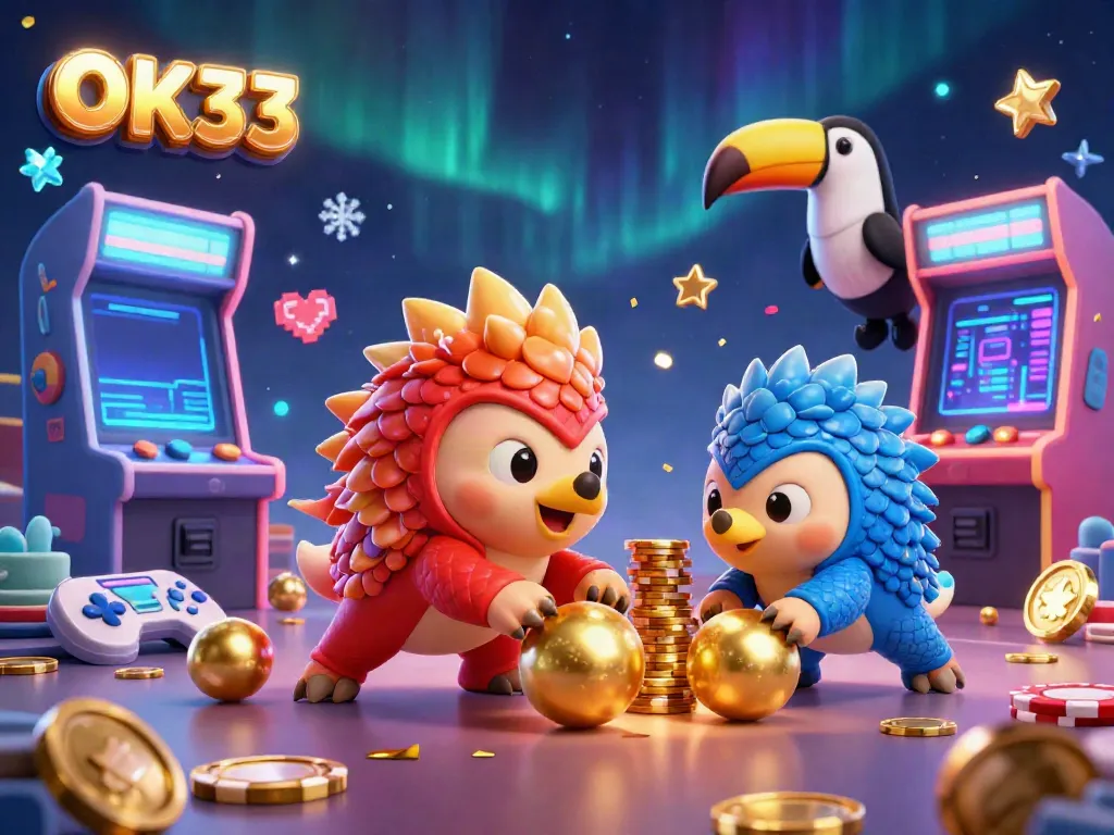 Engage with exciting gaming action featuring rival pangolins in armor at OK33 casino, rolling through golden poker chips.