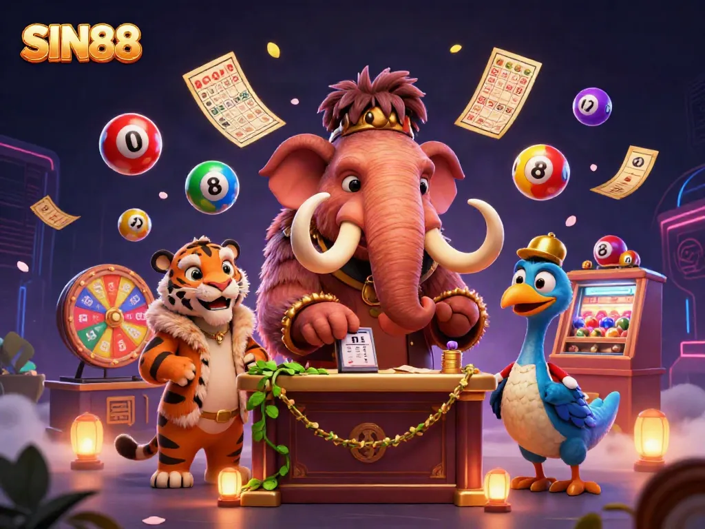 Watch SIN88's woolly mammoth bouncer check IDs at a vibrant casino entrance with colorful lottery themes.
