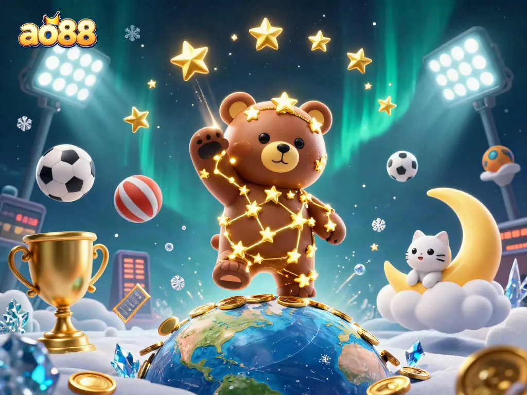 Engage with ao88's vibrant gaming world, featuring a dynamic constellation bear and sports elements.