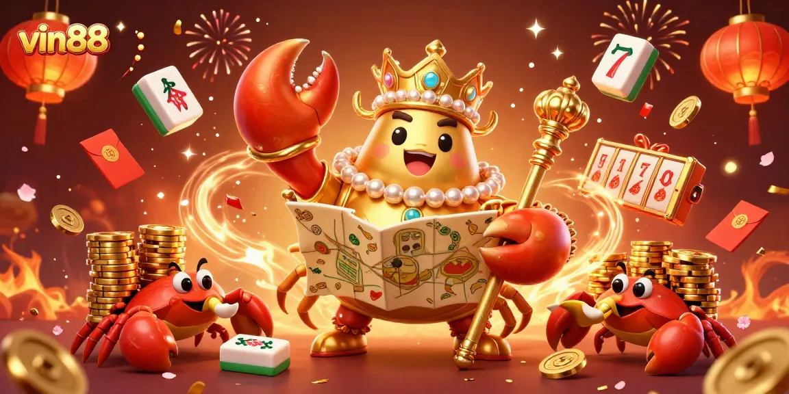 Join the excitement at vin88 with a golden crab emperor overseeing a lively casino scene filled with games and treasure.