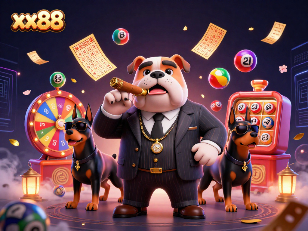 Win big with xx88's colorful lottery-themed 3D illustration featuring animated elements and dynamic action.