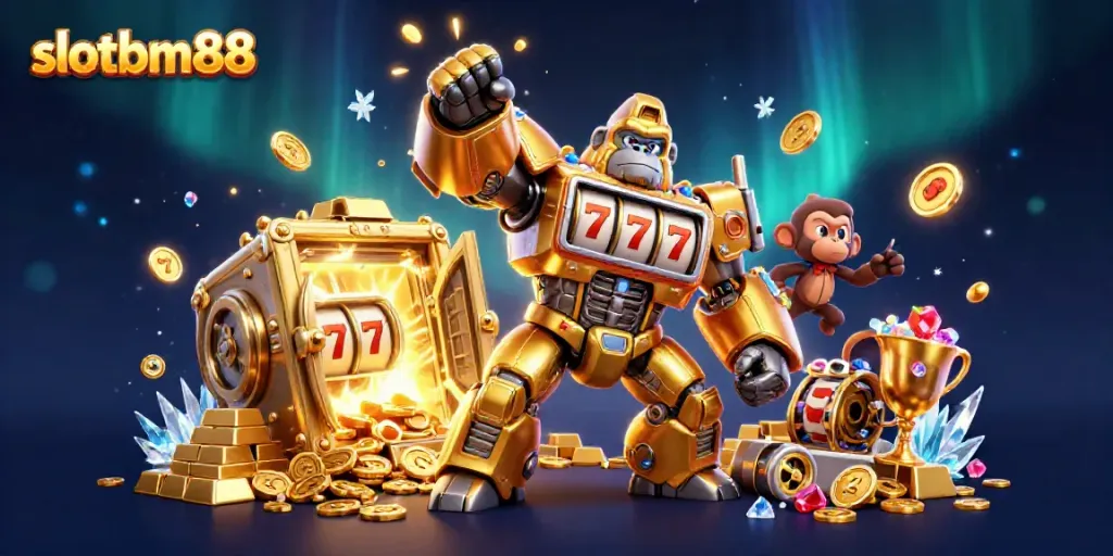 Engage with slotbm88's thrilling gaming experience through an energetic mech illustration and dynamic treasures.