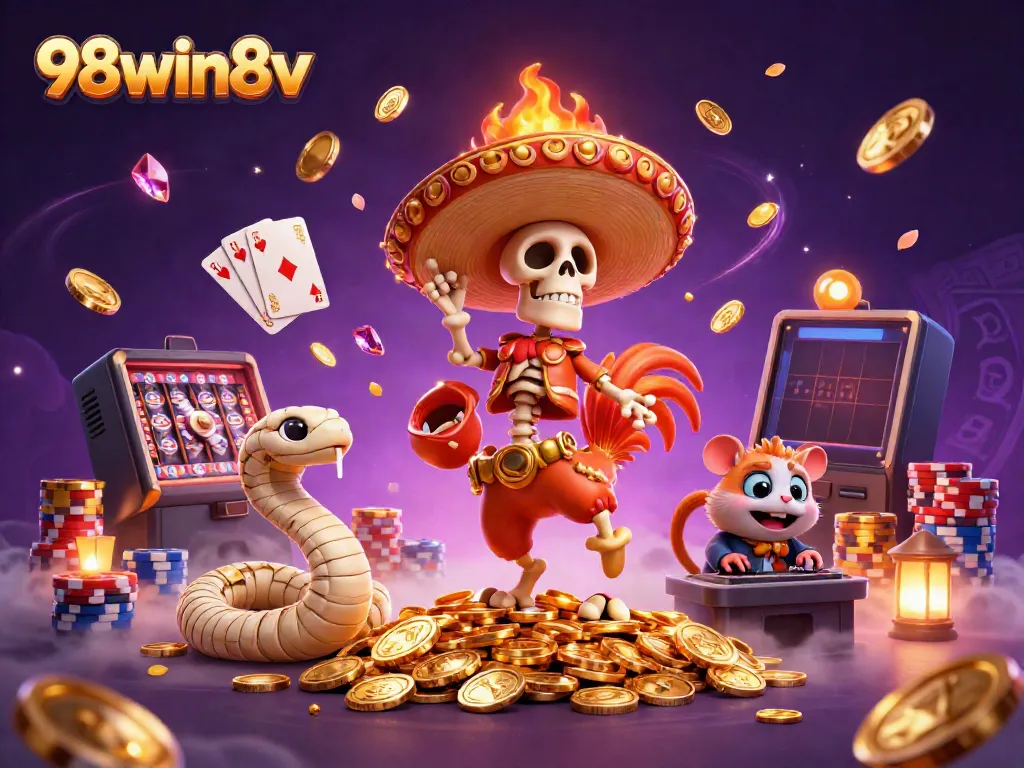 Experience the excitement at 98win8v with a vibrant casino illustration featuring animated characters and golden treasures.