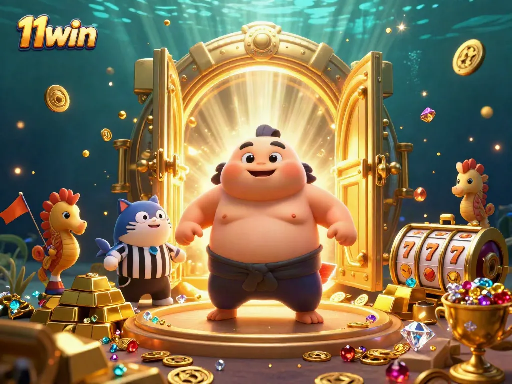 Experience the thrill of 11win with a vibrant underwater scene featuring dynamic slot elements and whimsical characters.