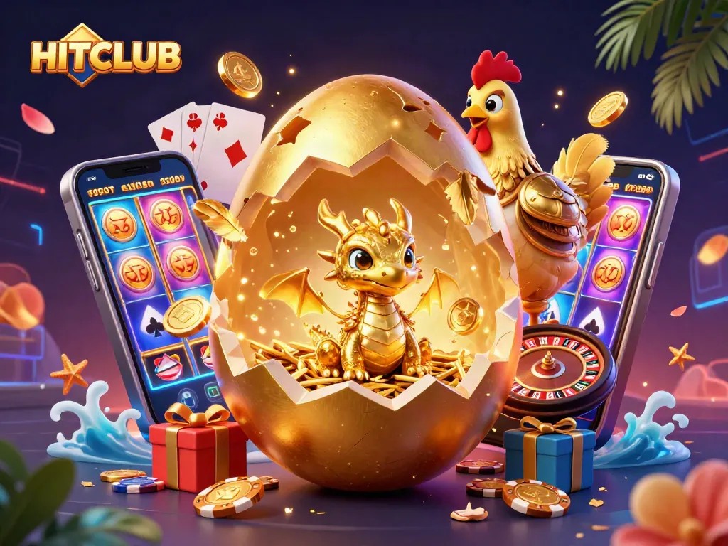 Engage with HITCLUB's gaming adventure featuring a golden dragon on poker chips.