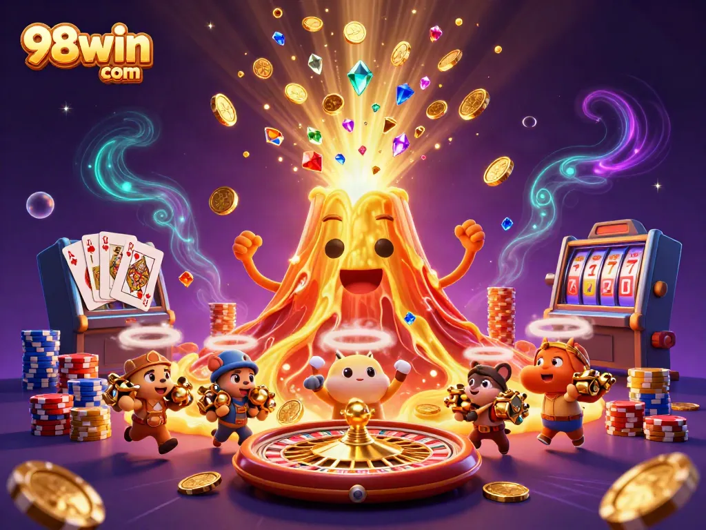 Experience thrilling action with 98win com as golden volcano erupts coins and treasures.