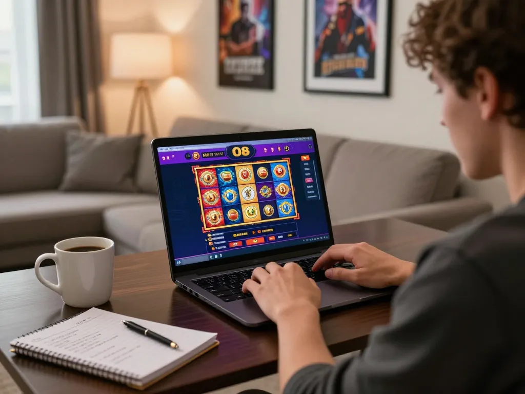 Engaging with O8's online casino on a laptop surrounded by cozy home elements.