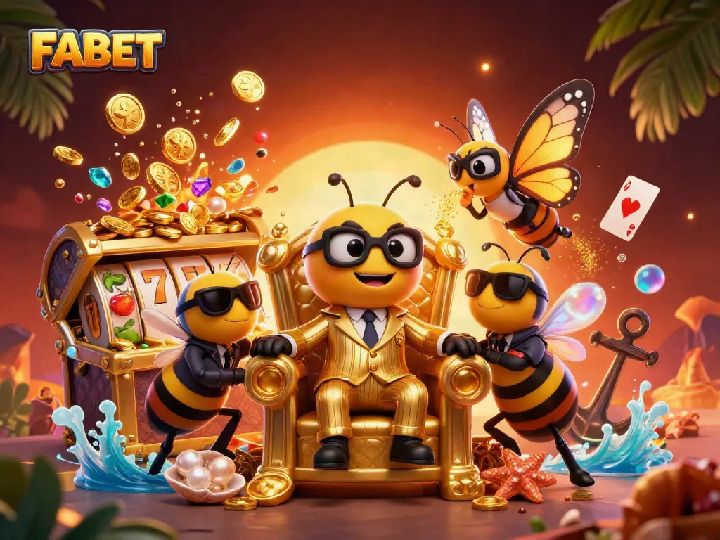 FABET showcases thrilling slot action with a cartoon bumblebee mob boss in an engaging casino scene.