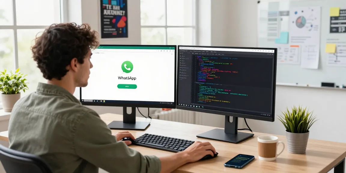 Professional developer using WhatsApp網頁版 on dual monitors in a modern workspace