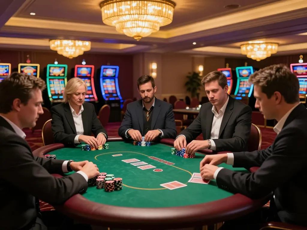 Players enjoy strategic poker gameplay at Luck8's elegant casino floor.
