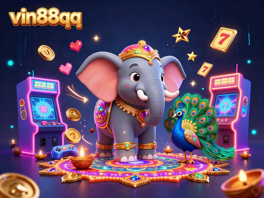 Spin the reels at vin88qq with colorful slot machines and festive elements in a vibrant casino setting.