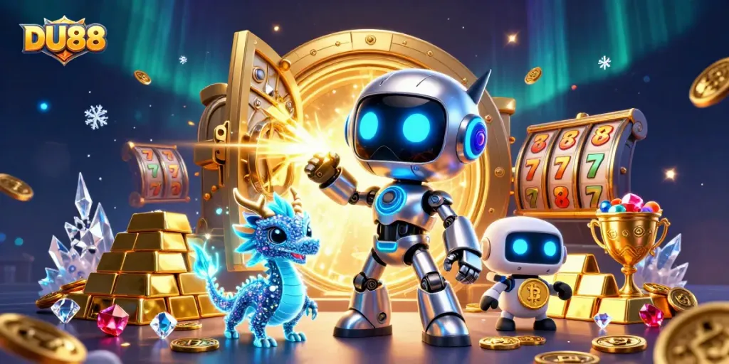 Spin the reels and win big at DU88, featuring a vibrant 3D casino scene filled with treasures.