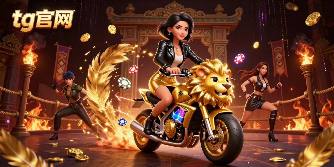 体验tg官网的刺激场景,展示一位迷人的女性与金色狮子吉祥物在赌场元素中。