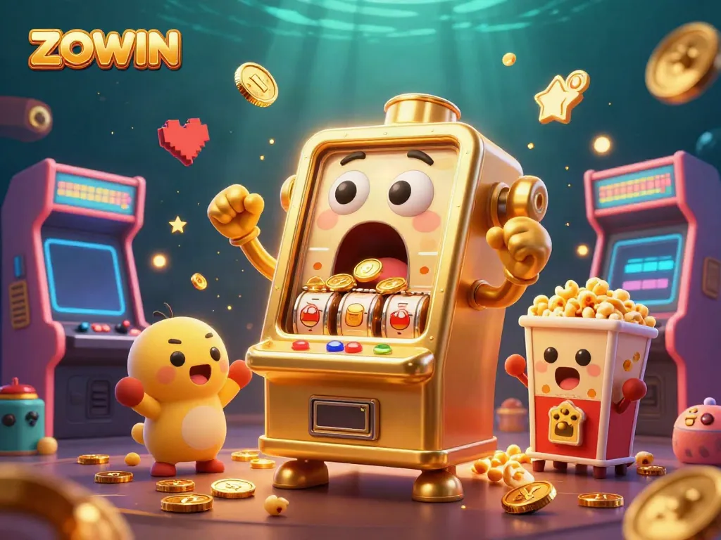 ZOWIN slots come alive as cheerful slot machines celebrate a jackpot win with golden coins raining down.