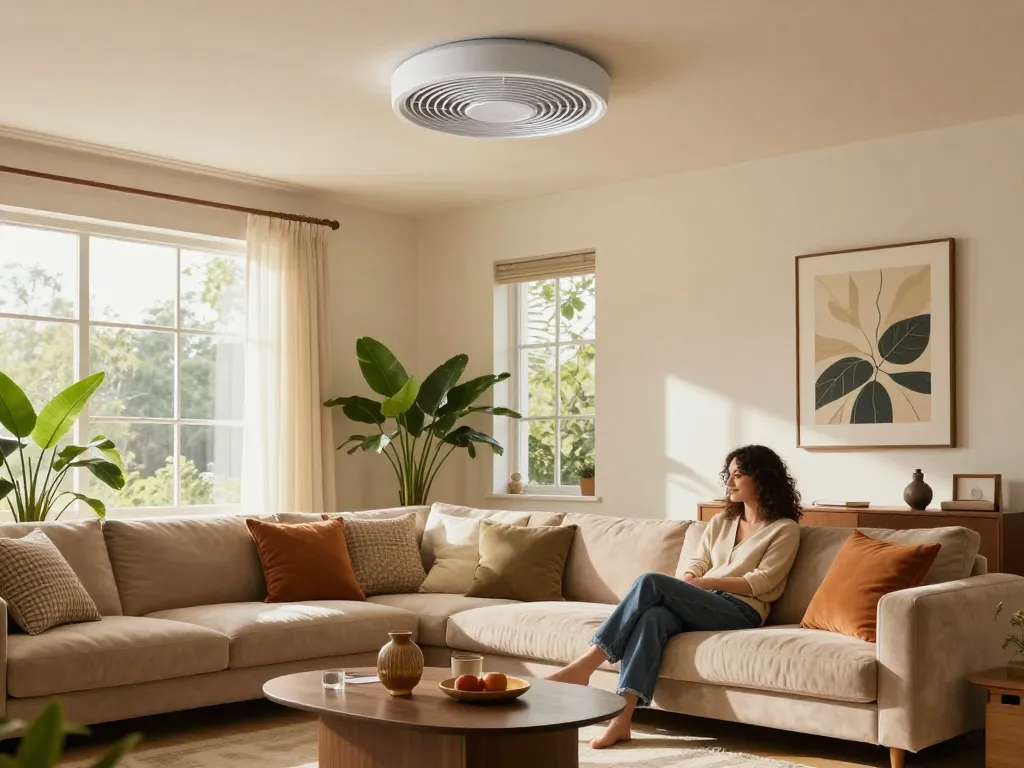 Stijlvolle plafondventilator in een moderne woonkamer, die comfort en decor verbetert.