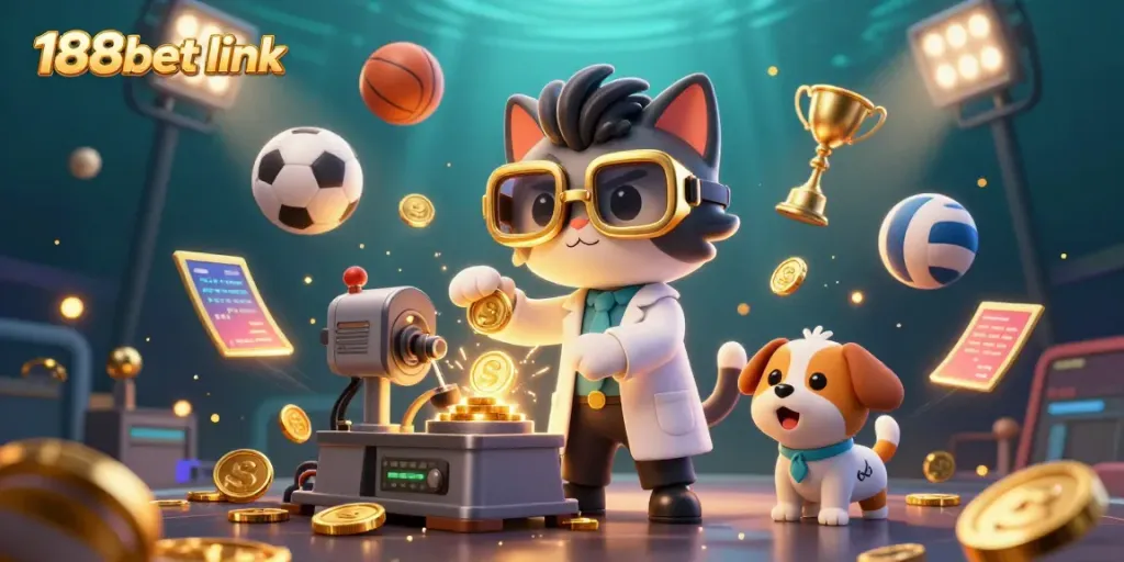 Experience excitement with the 188bet link in this dynamic 3D scene of gambling fun.