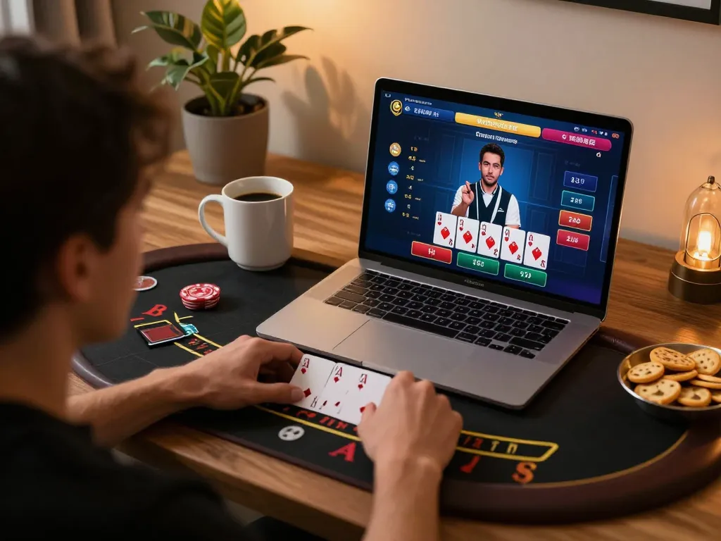 BOM88 player engaging in live dealer blackjack on a laptop, enhancing game strategies