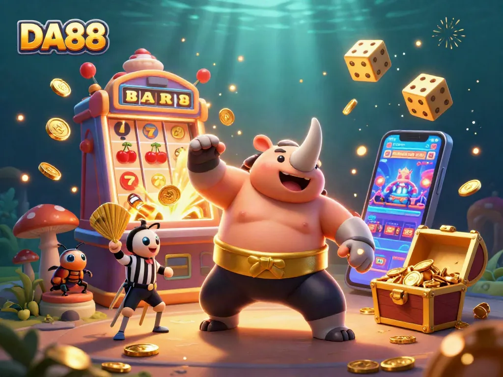 Experience the excitement of DA88 with a vibrant slot machine jackpot scene featuring dynamic gaming elements.