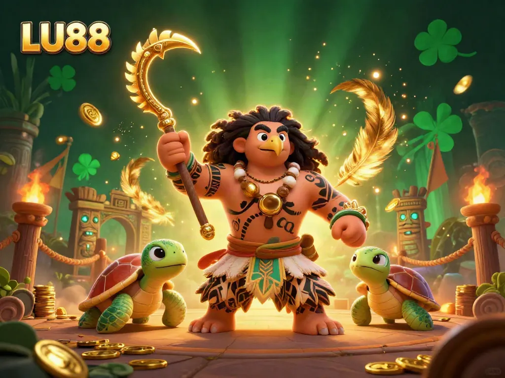 Engage in thrilling gambling action with LU88, featuring an artistic 3D illustration of a demigod and a turtle.