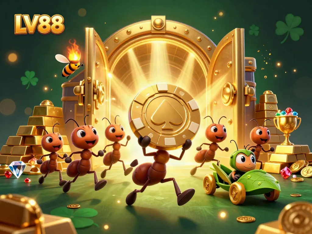 Engage with LV88 as ants navigate a heist for golden poker chips in a vibrant 3D casino scene.